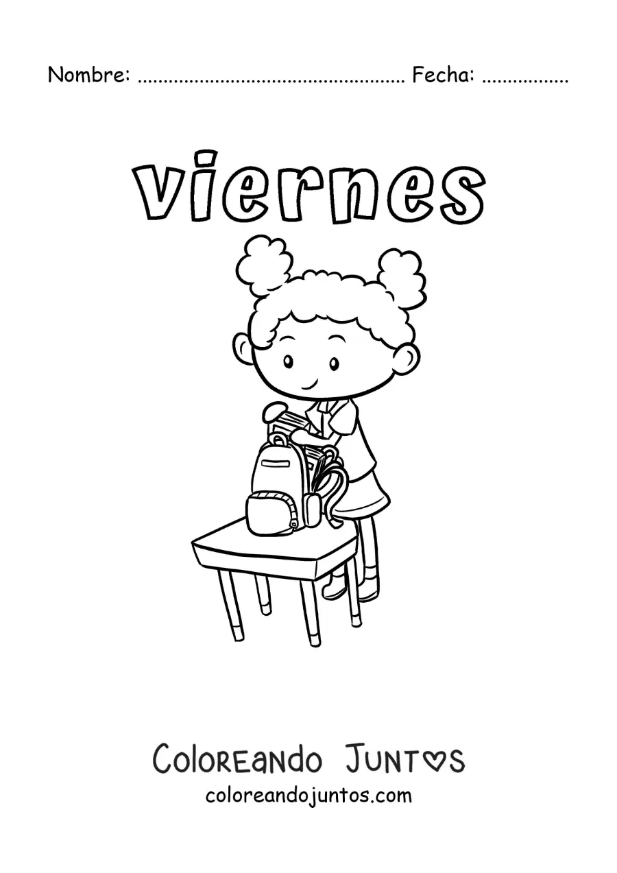 Imagen para colorear del día viernes con una niña guardando sus útiles después de clase