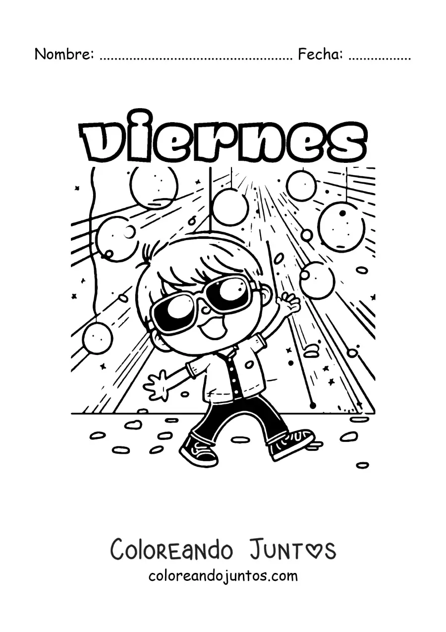 Imagen para colorear del día viernes con un niño bailando en una fiesta
