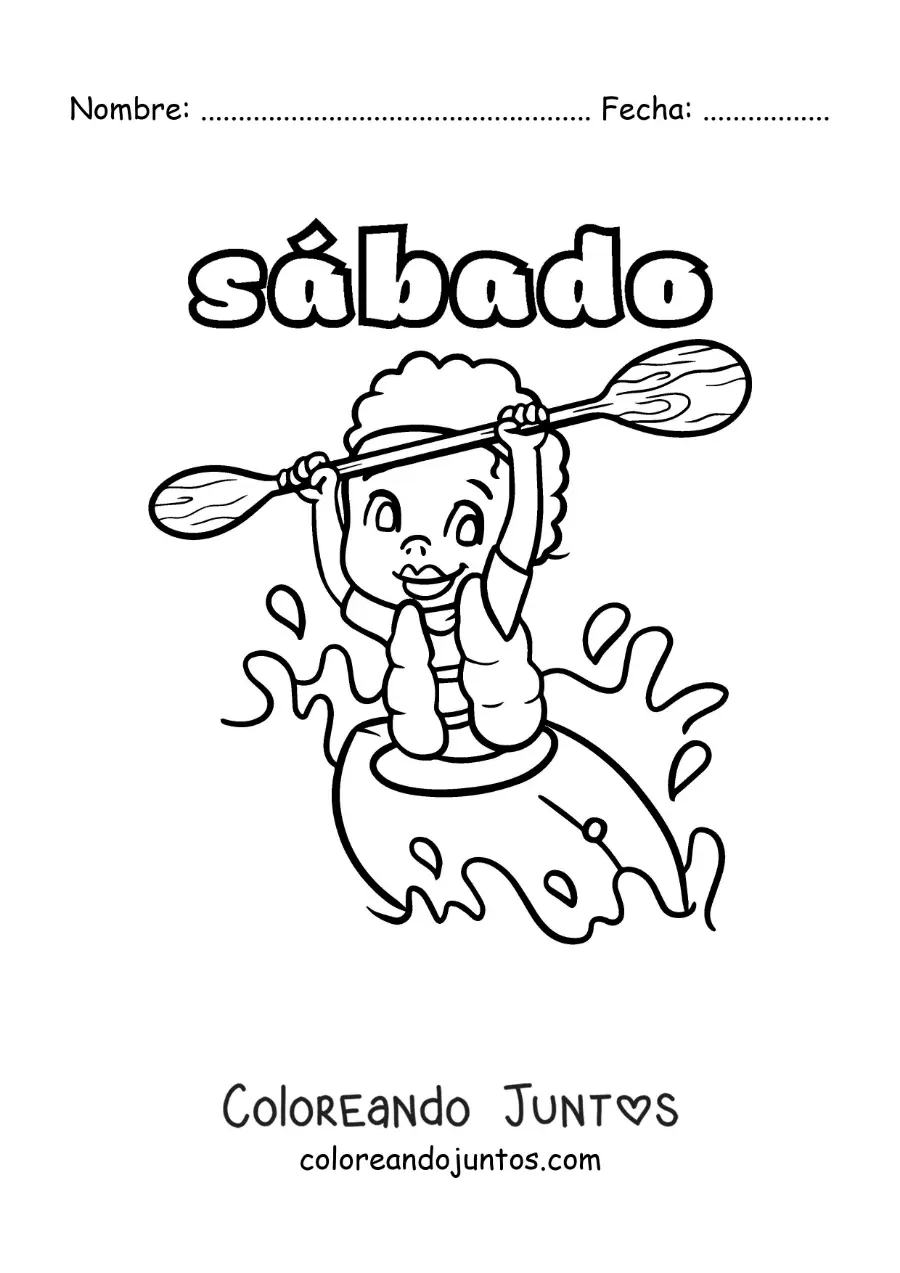 Imagen para colorear del día sábado con un niño remando en kayak