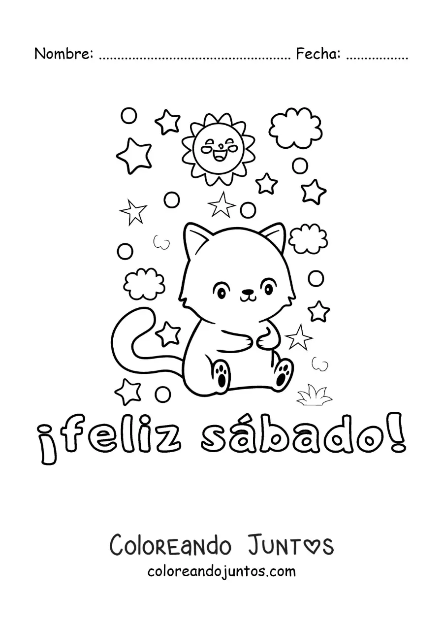Imagen para colorear de feliz sábado con un gato animado