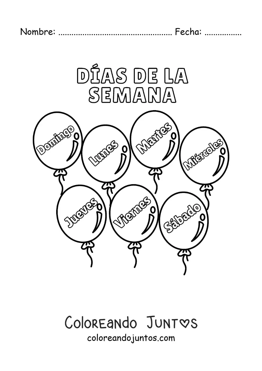 Imagen para colorear de globos con los días de la semana para niños