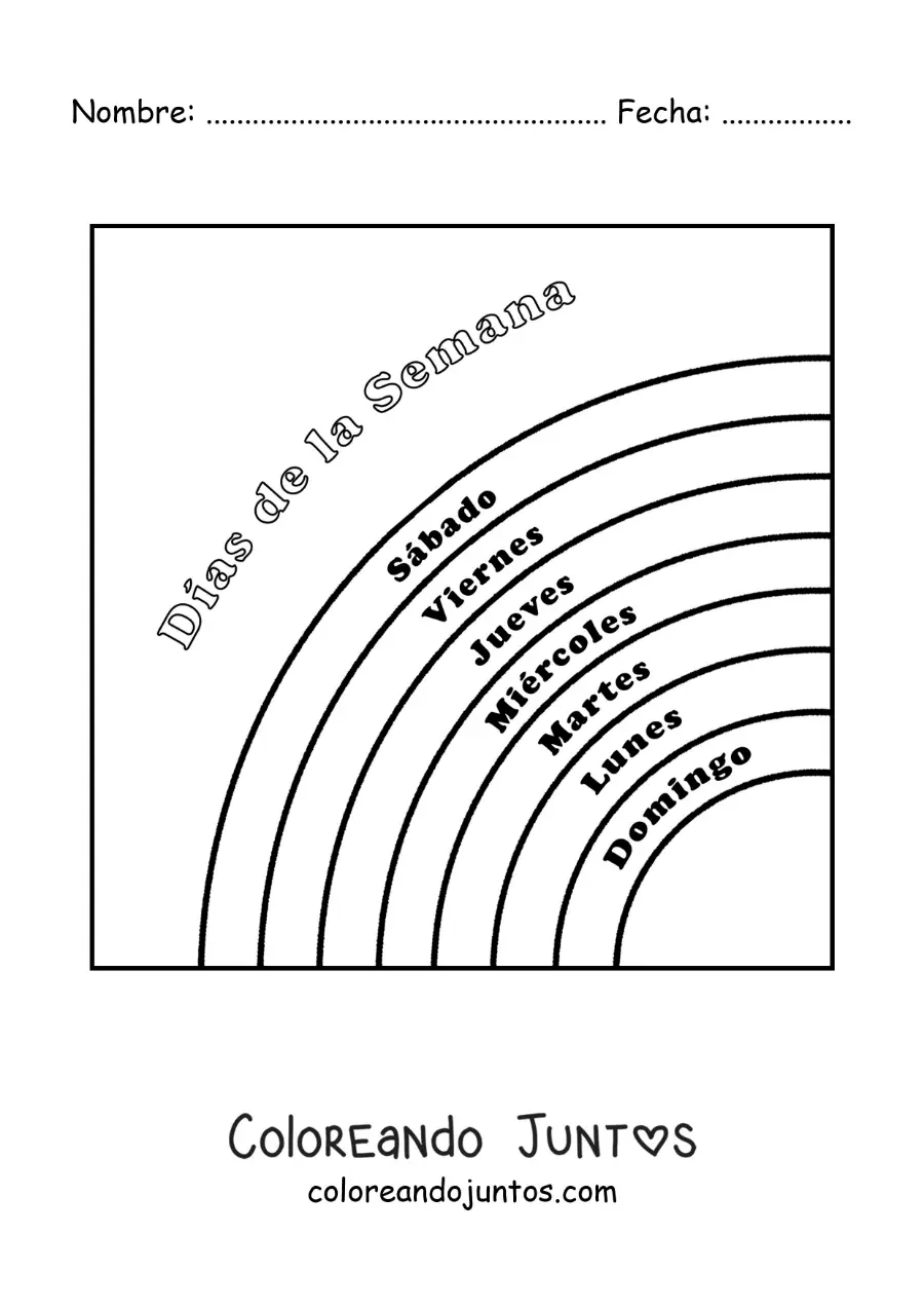 Imagen para colorear de arcoíris con los días de la semana para niños