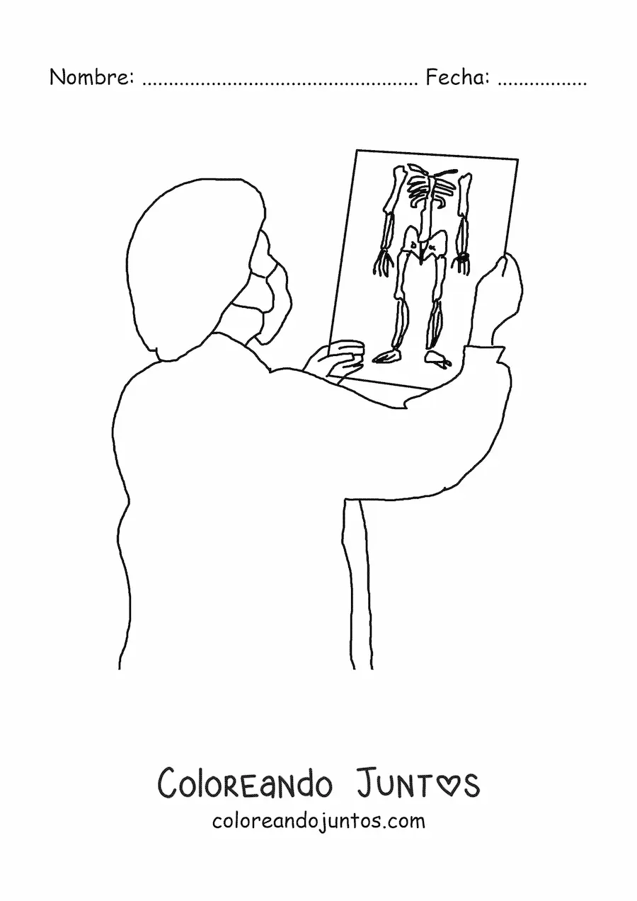 Imagen para colorear de un médico con uniforme de quirófano viendo unos rayos x