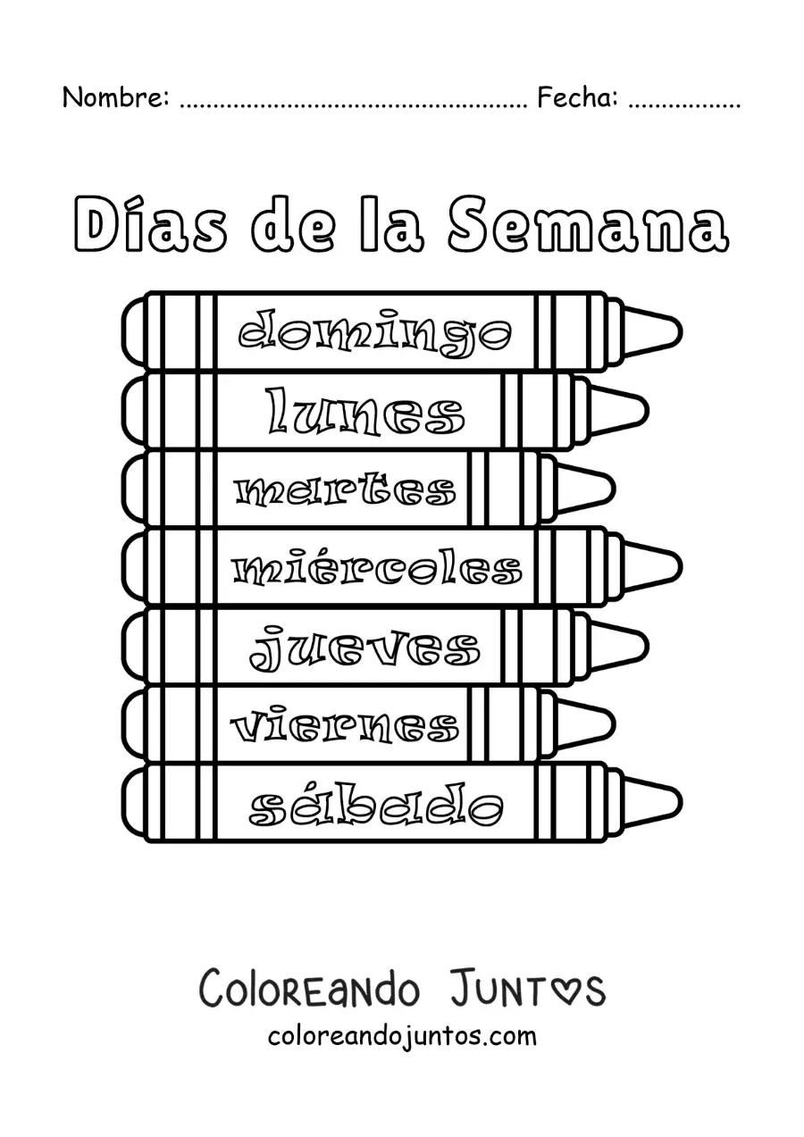 Imagen para colorear de crayones con los días de la semana para niños