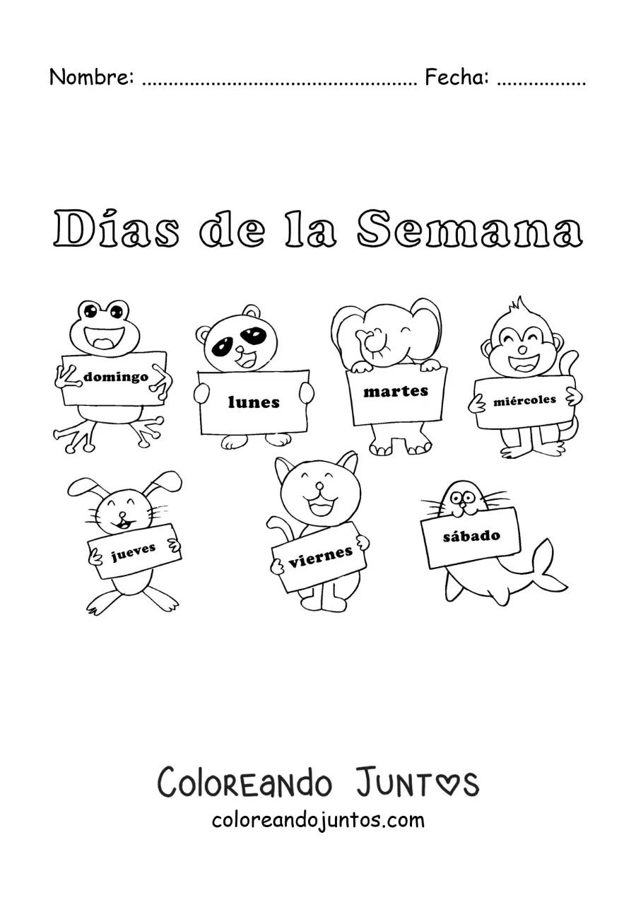 Imagen para colorear de animales animados con los días de la semana para niños