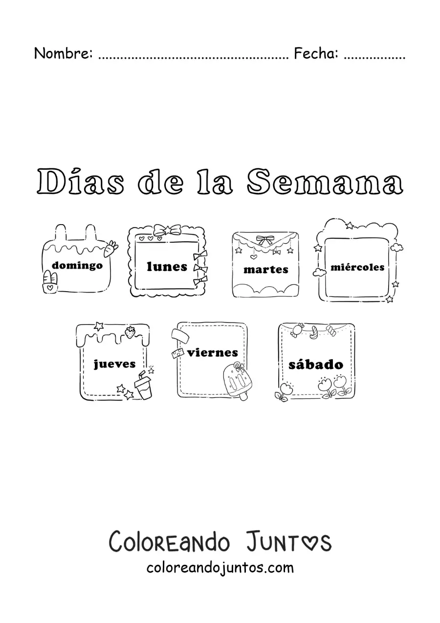 Imagen para colorear de fichas con los días de la semana para niños