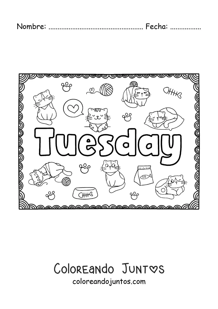 Imagen para colorear de cartel de tuesday con dibujos animados