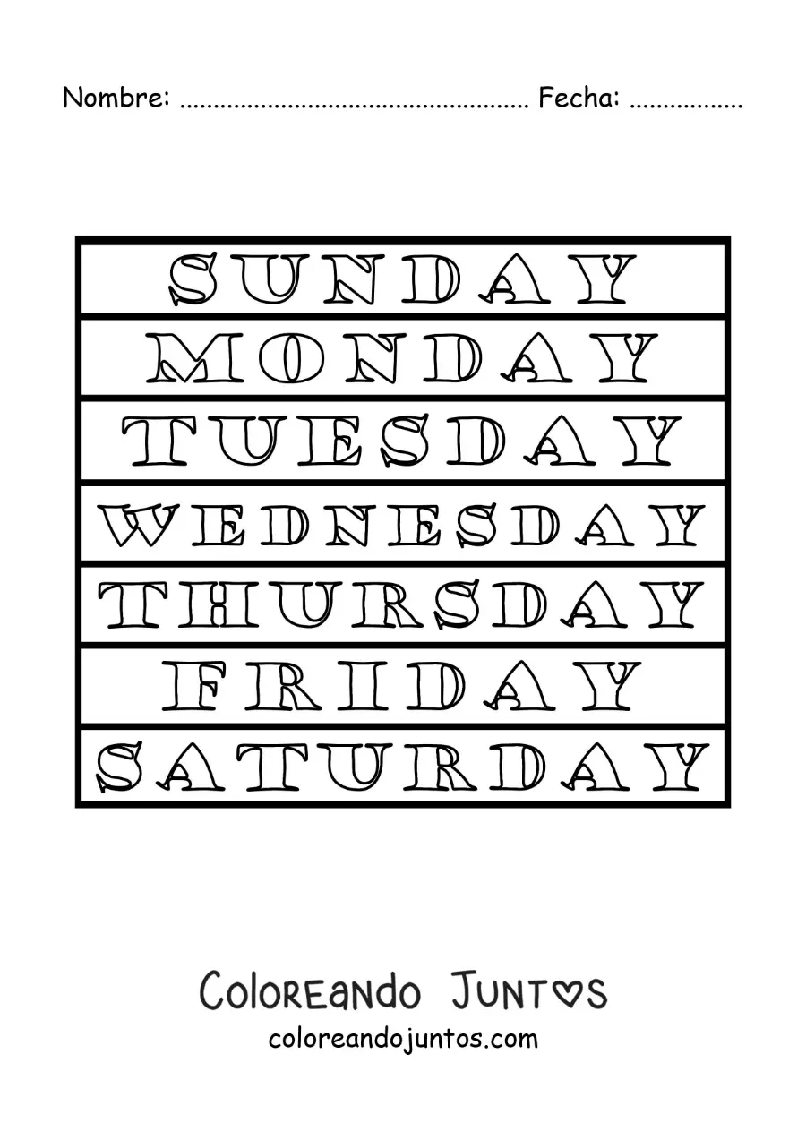Imagen para colorear de los días de la semana en inglés