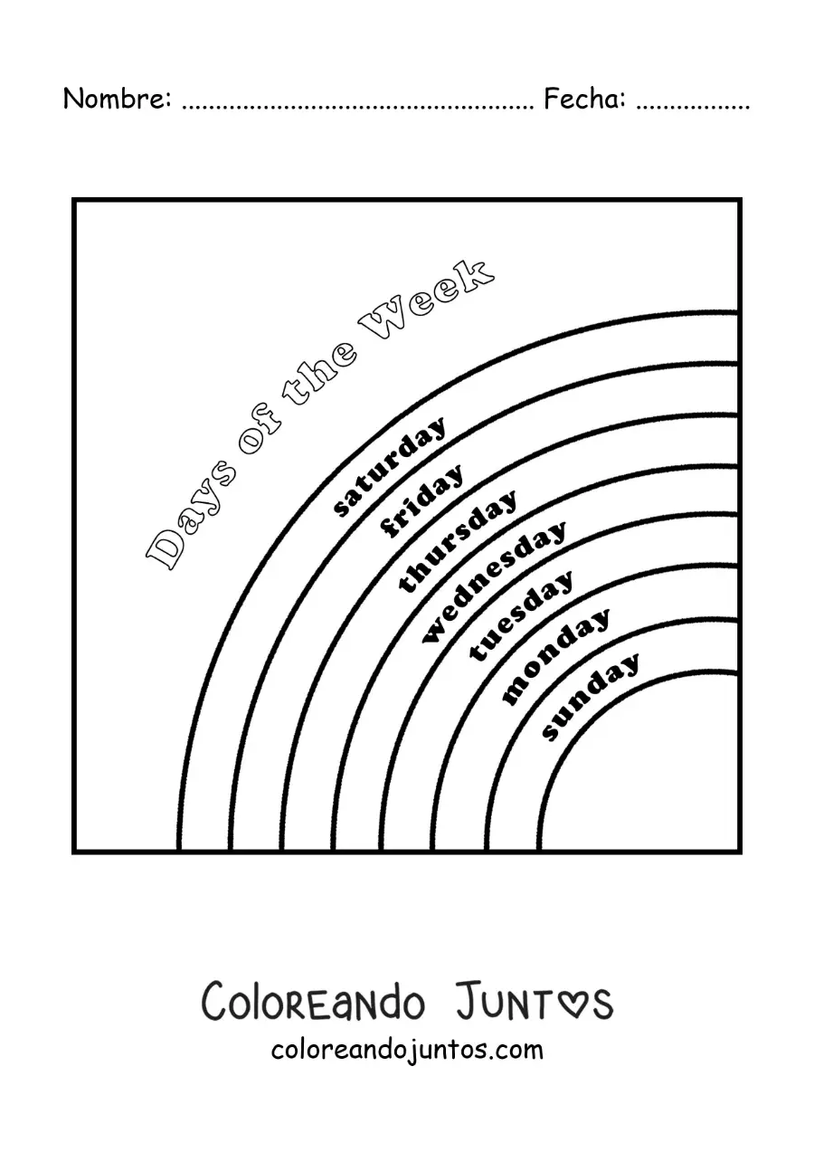 Imagen para colorear de arcoíris con los días de la semana en inglés