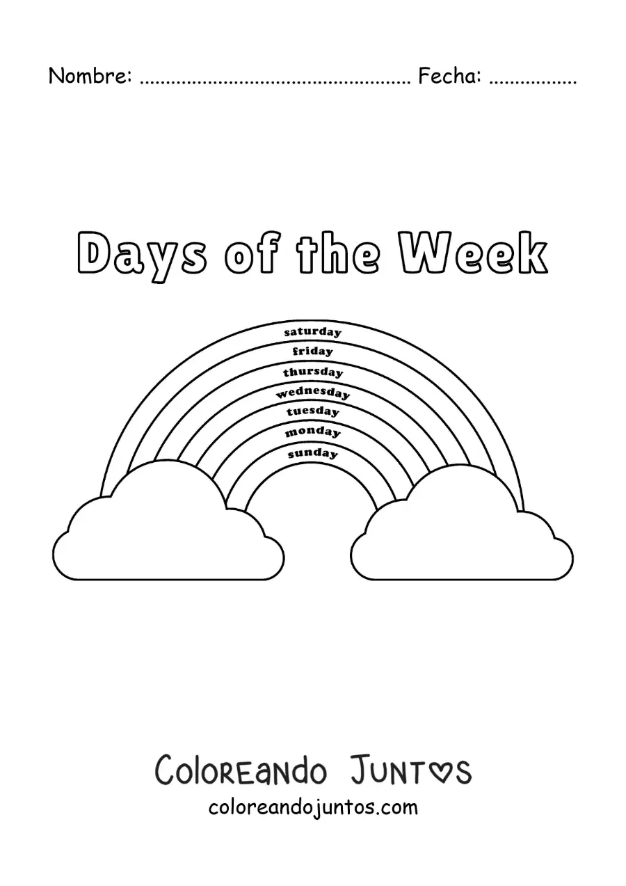 Imagen para colorear de arcoíris para aprender los días de la semana en inglés
