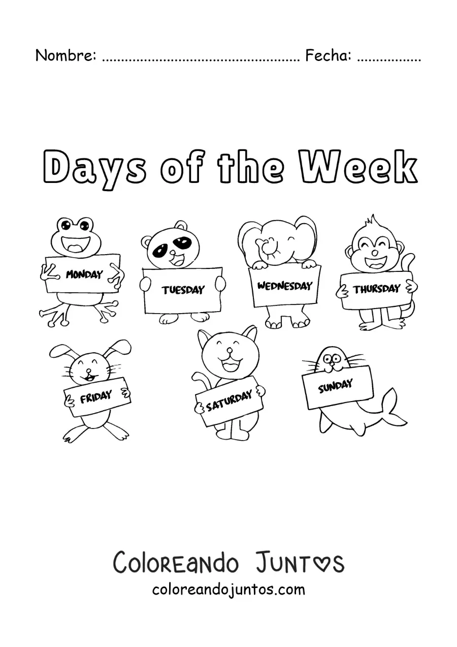 Imagen para colorear de animales animados con los días de la semana en inglés