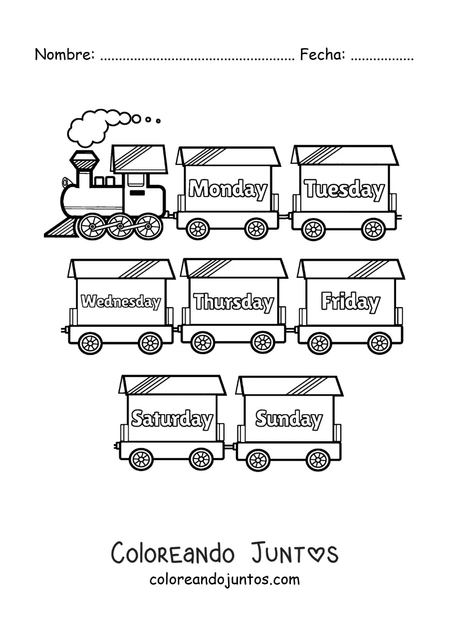 Imagen para colorear de tren con los días de la semana en inglés