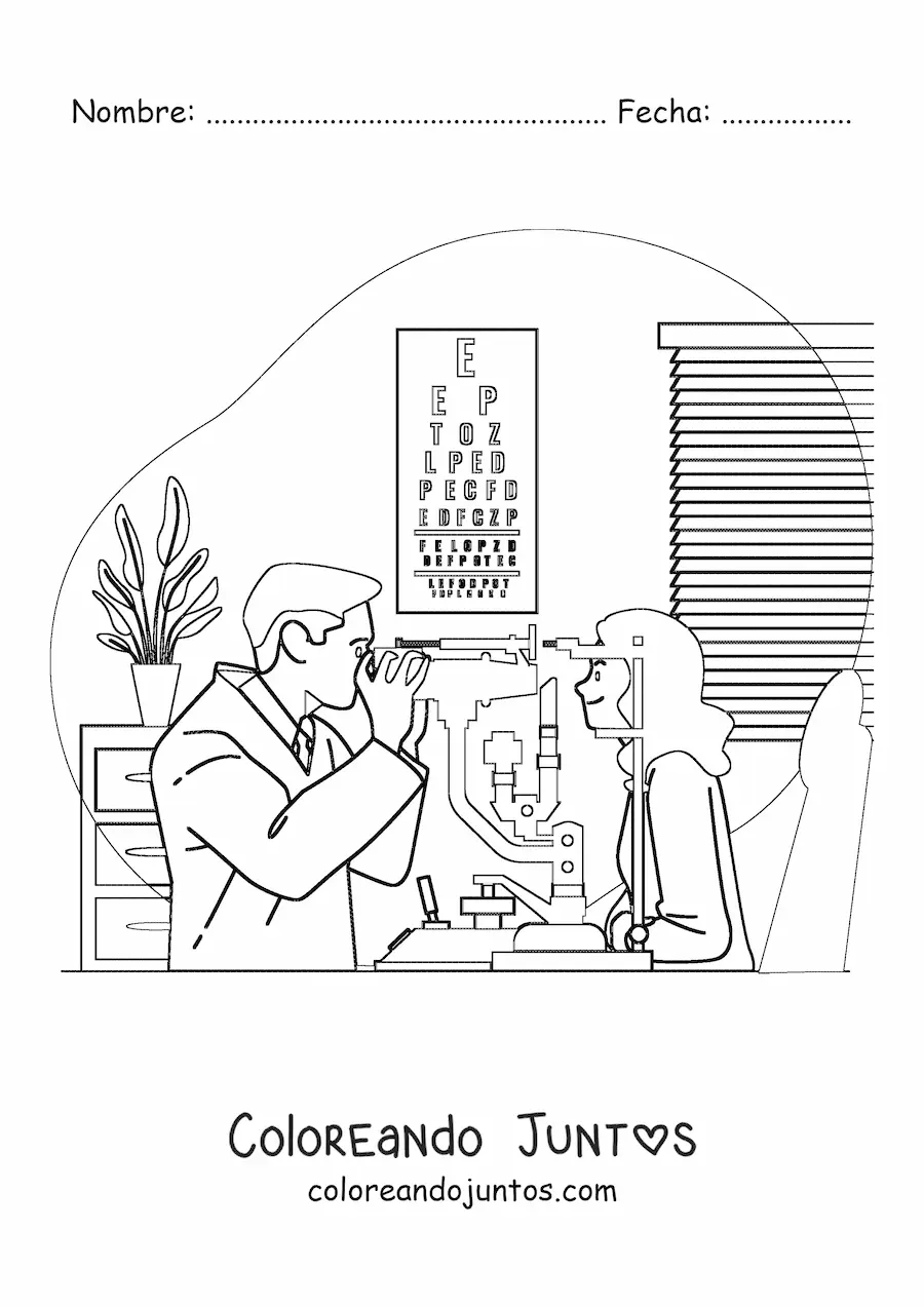 Imagen para colorear de un médico oftalmólogo evaluando a una paciente