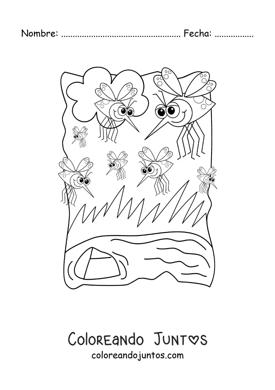 Imagen para colorear de un zancudo animados cerca de un cuerpo de agua
