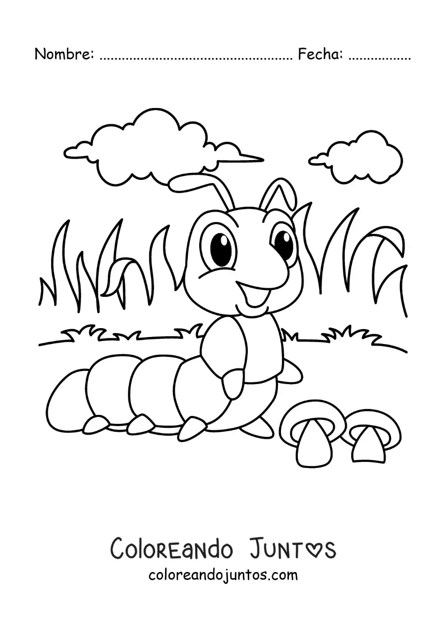 Imagen para colorear de una oruga animada en el jardín