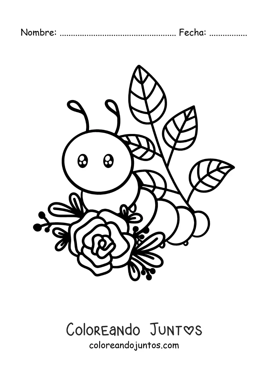 Imagen para colorear de una oruga kawaii con hojas y flores