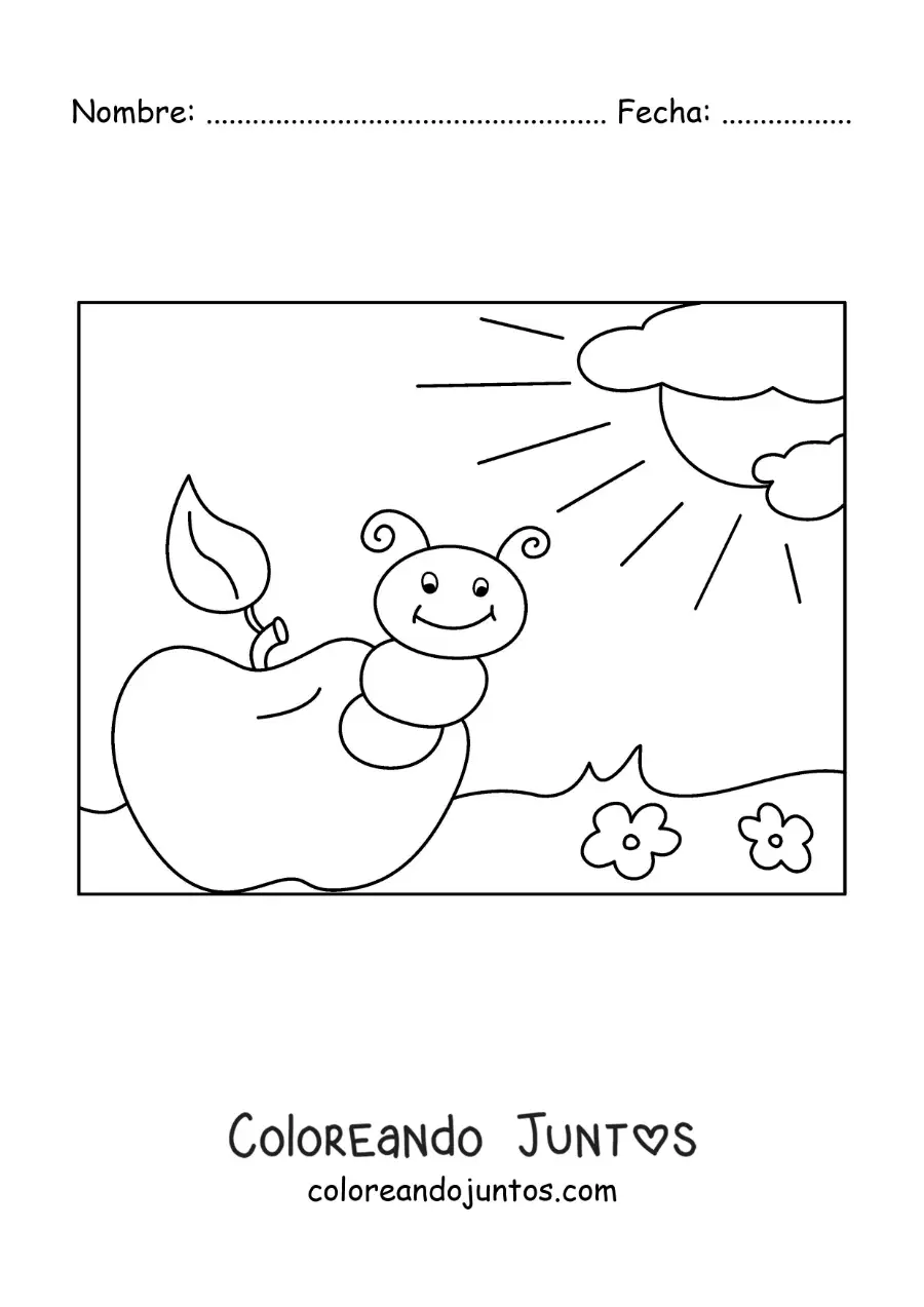 Imagen para colorear de una oruga animada en una manzana