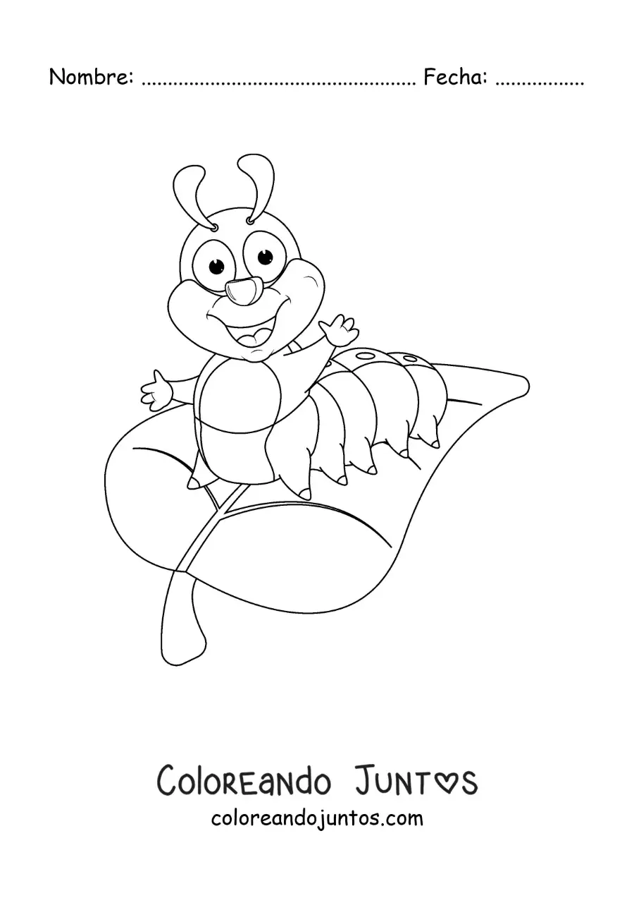 Imagen para colorear de una oruga sonriente en una hoja en caricatura