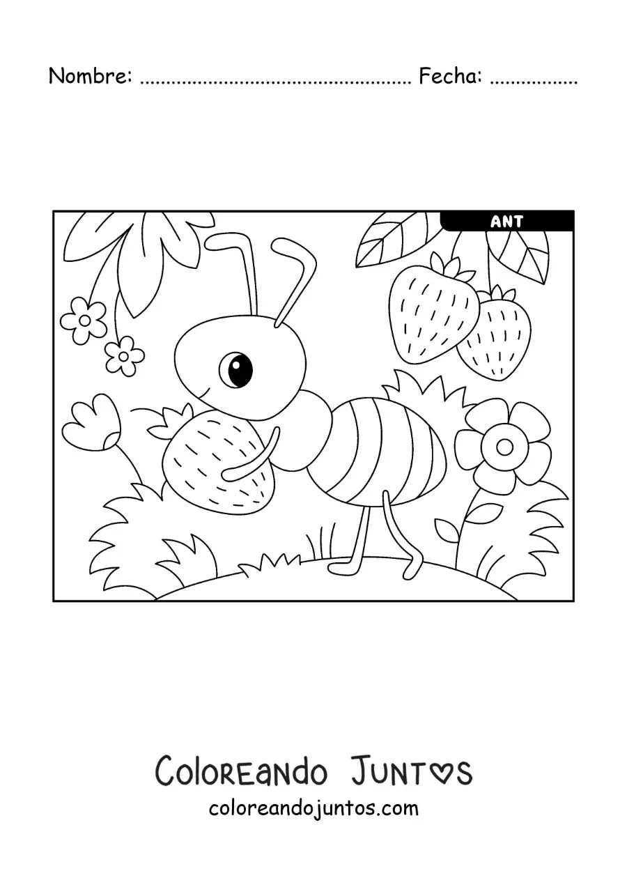 Imagen para colorear de una hormiga kawaii trabajando recogiendo fresas