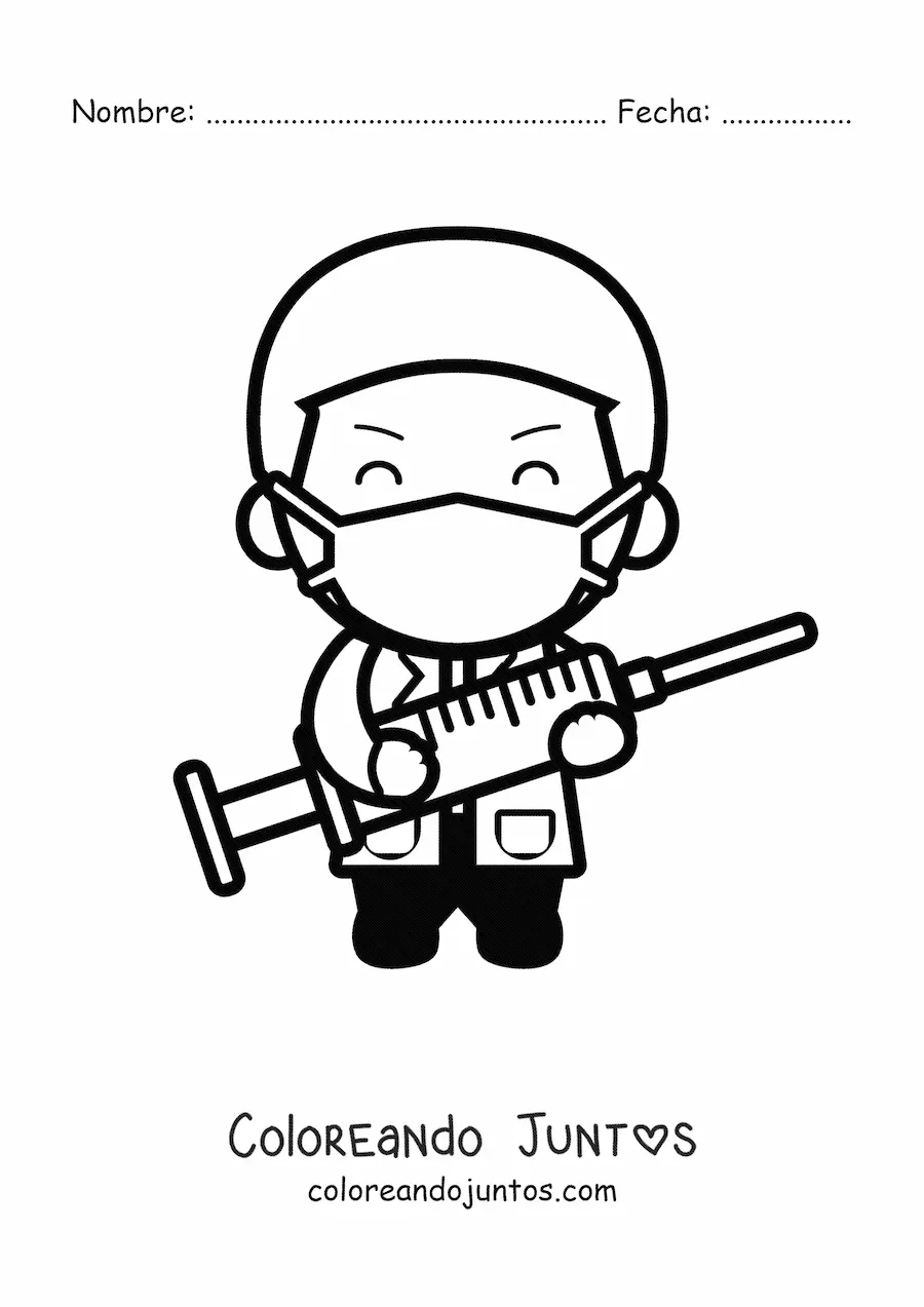 Imagen para colorear de un doctor kawaii con mascarilla sosteniendo una jeringa