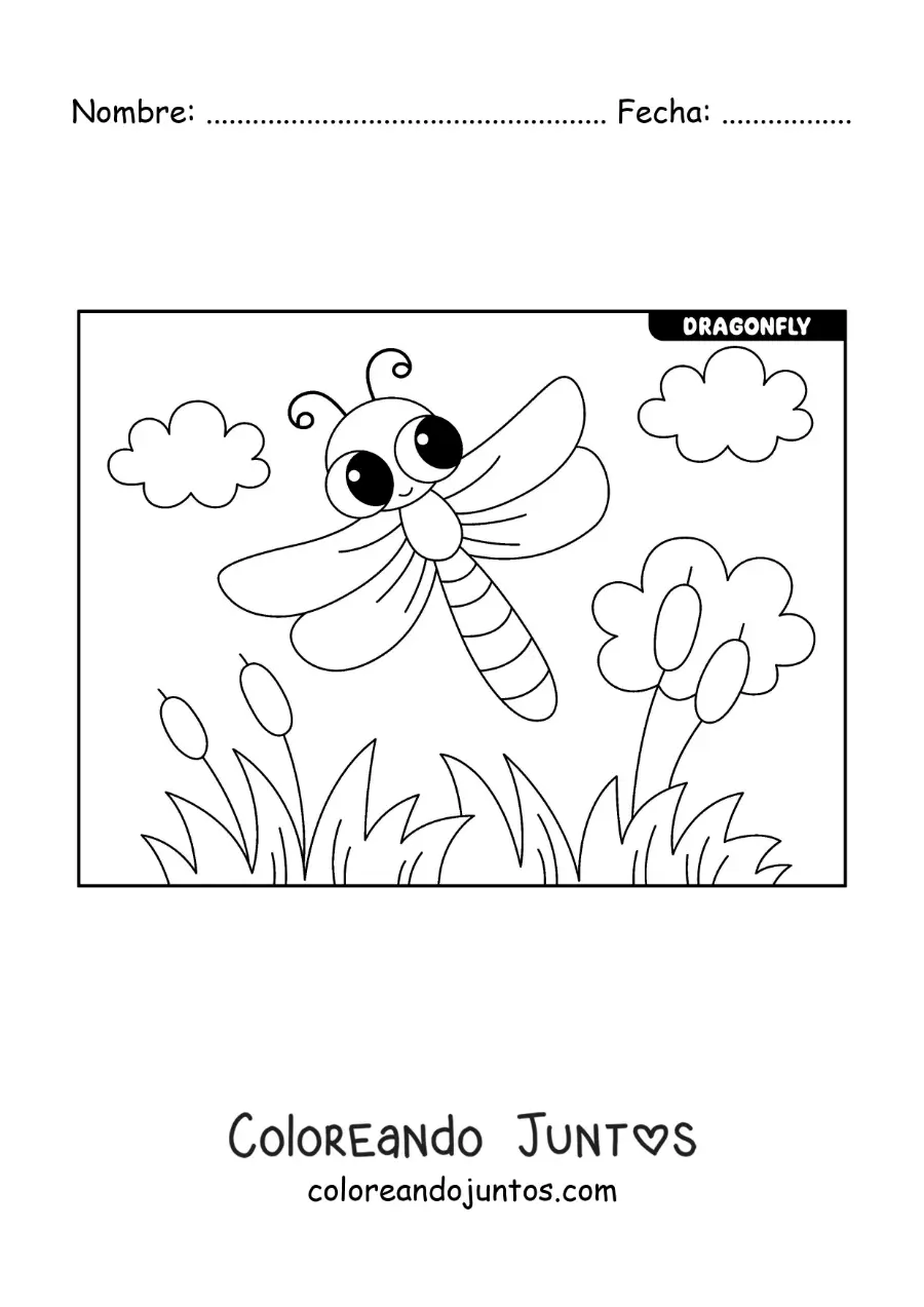Imagen para colorear de libélula kawaii volando en un jardín