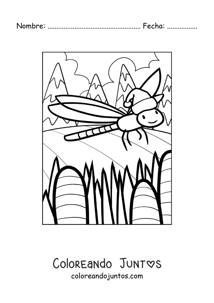 Imagen para colorear de libélula animada con sombrero de navidad