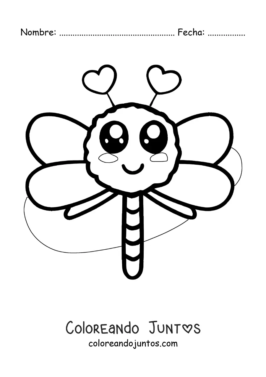 Imagen para colorear de libélula kawaii con corazones