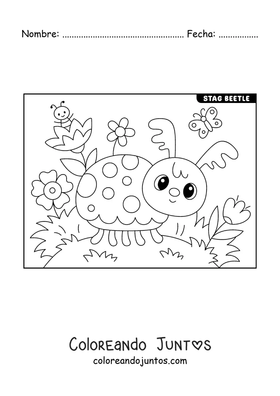 Imagen para colorear de un escarabajo ciervo animado en un jardín con flores