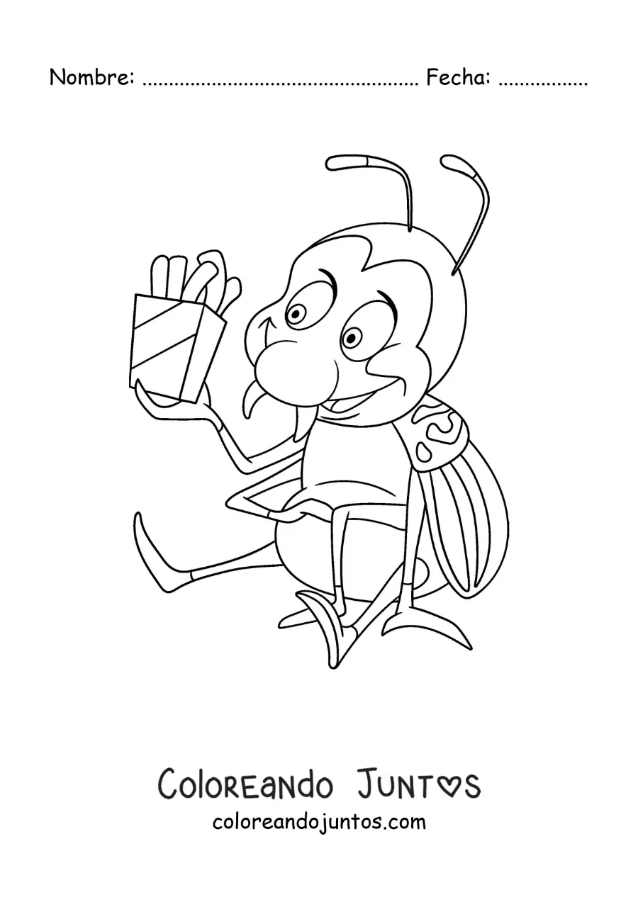 Imagen para colorear de un escarabajo de la patata animado comiendo papas