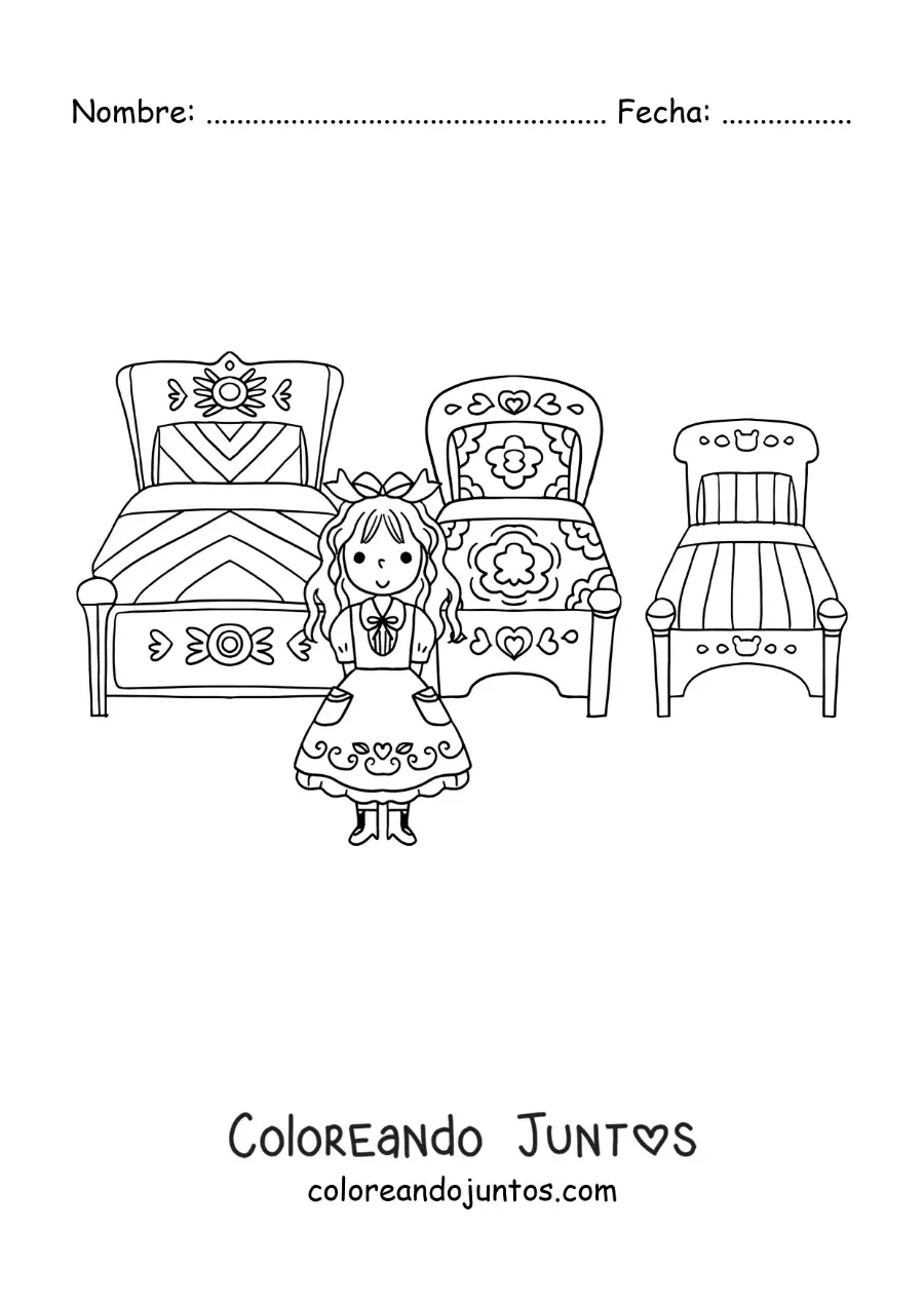 Imagen para colorear de Ricitos de Oro y las tres camas de los osos
