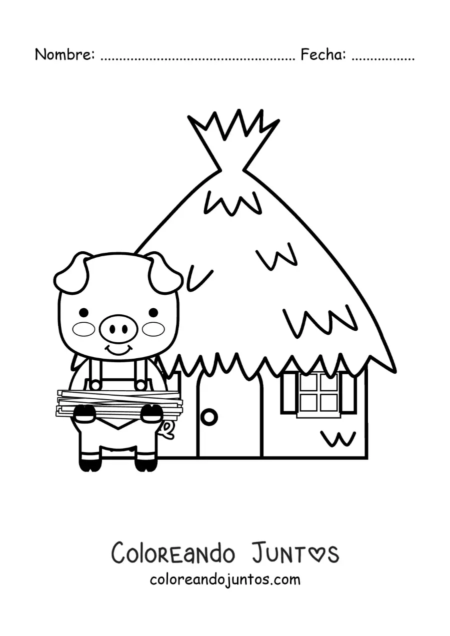 Imagen para colorear de uno de los tres cerditos con su casa de paja