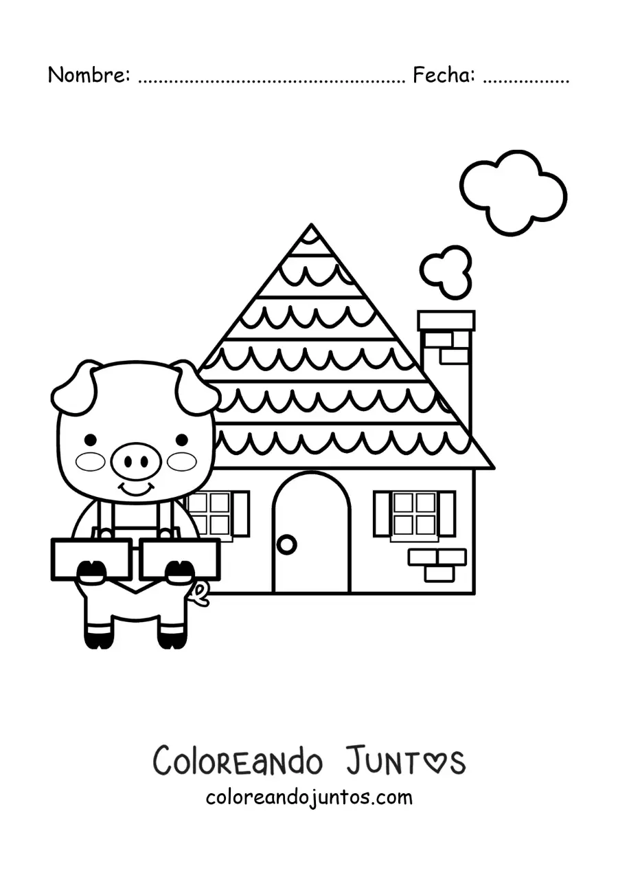 Imagen para colorear de uno de los tres cerditos con su casa de ladrillos