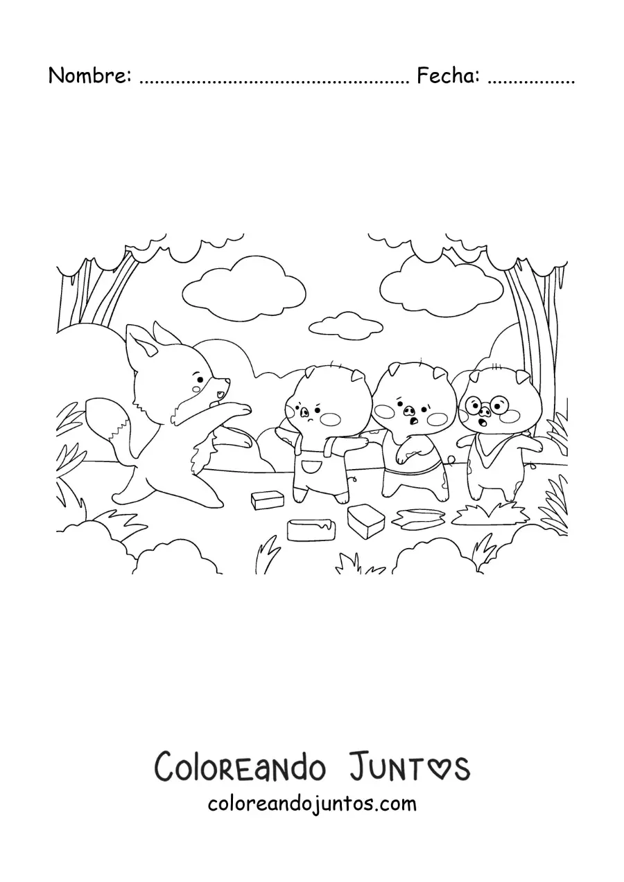 Imagen para colorear de los tres cerditos huyendo del lobo