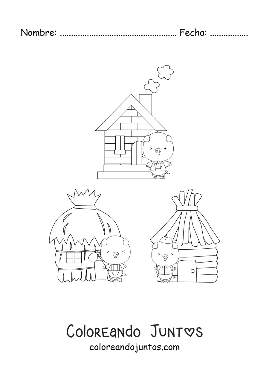 Imagen para colorear de los tres cochinitos y sus casas