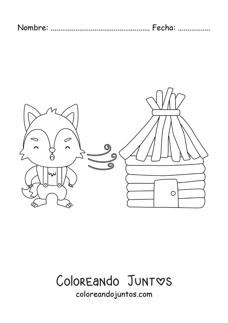 Imagen para colorear de el lobo feroz soplando derribando la casa de madera