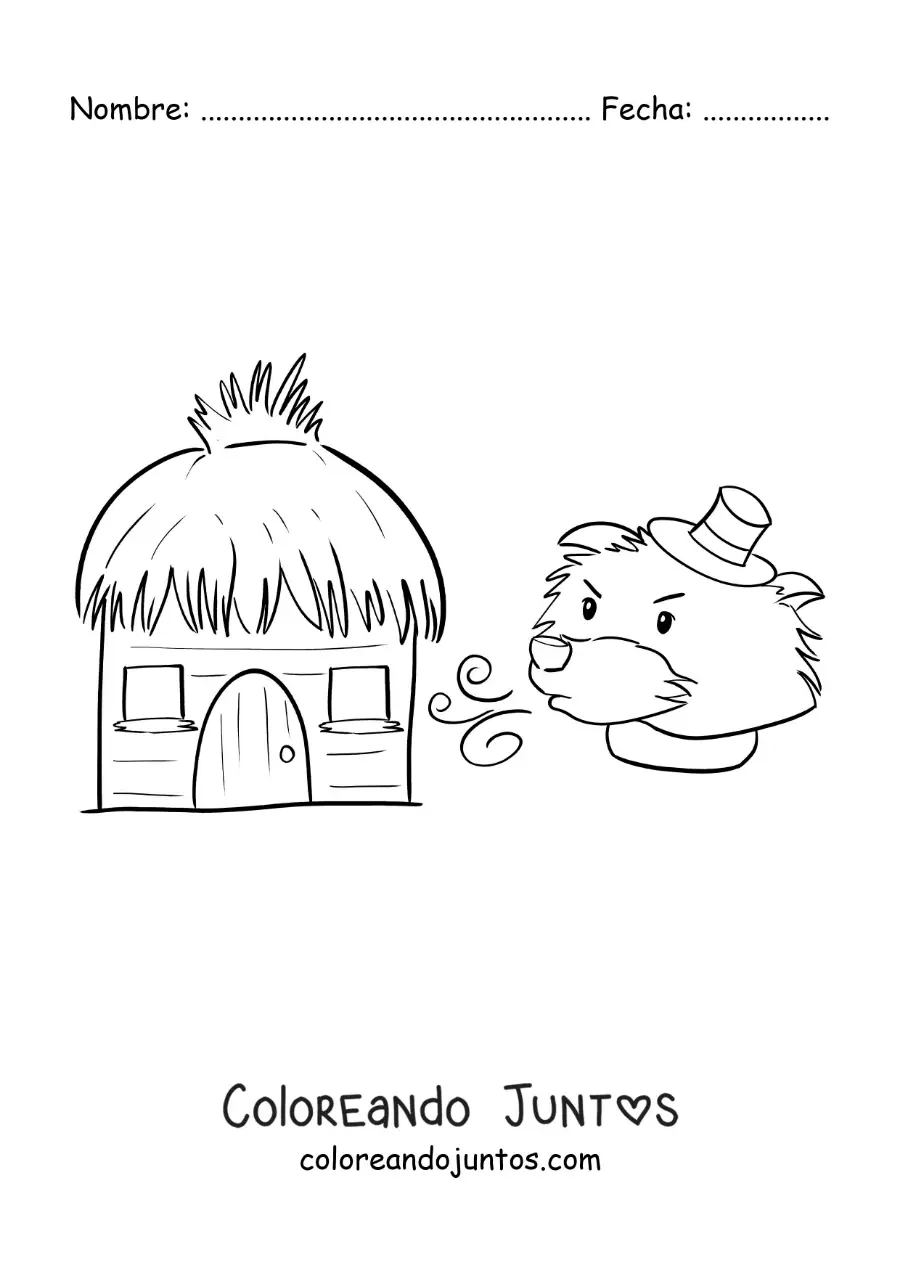 Imagen para colorear de el lobo feroz soplando derribando la casa de paja