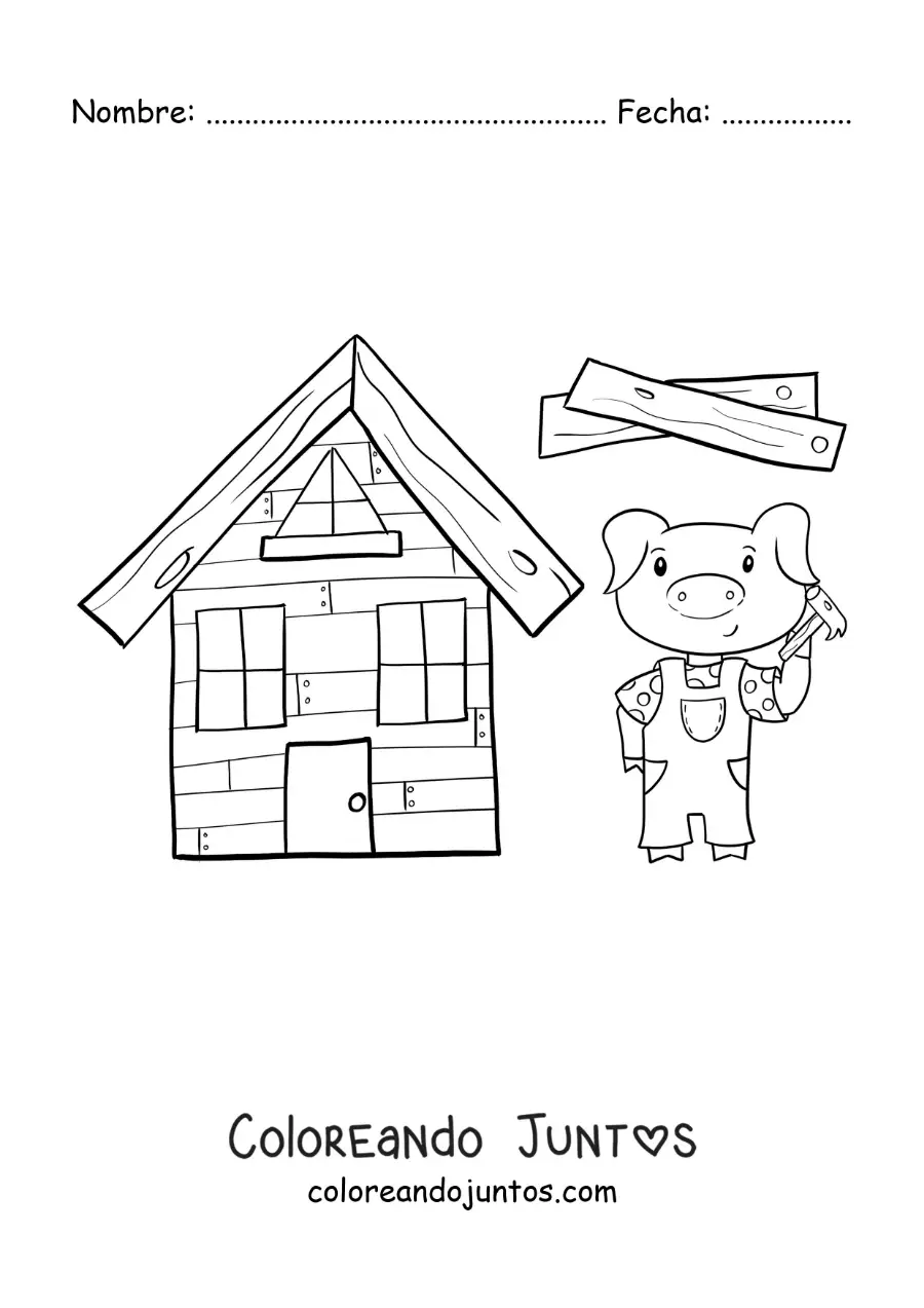 Imagen para colorear de uno de los tres cochinitos construyendo su casa de madera