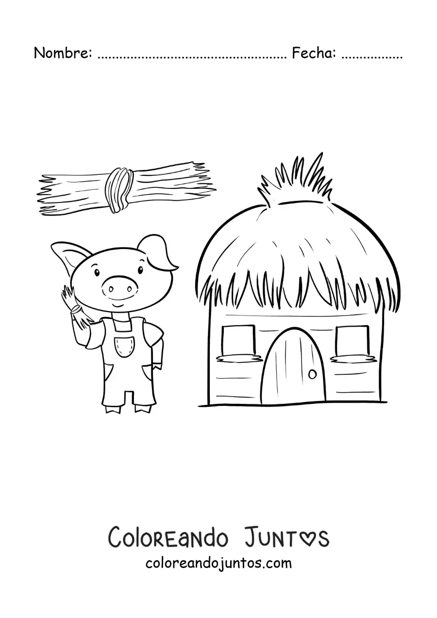 Imagen para colorear de uno de los tres cochinitos construyendo su casa de paja