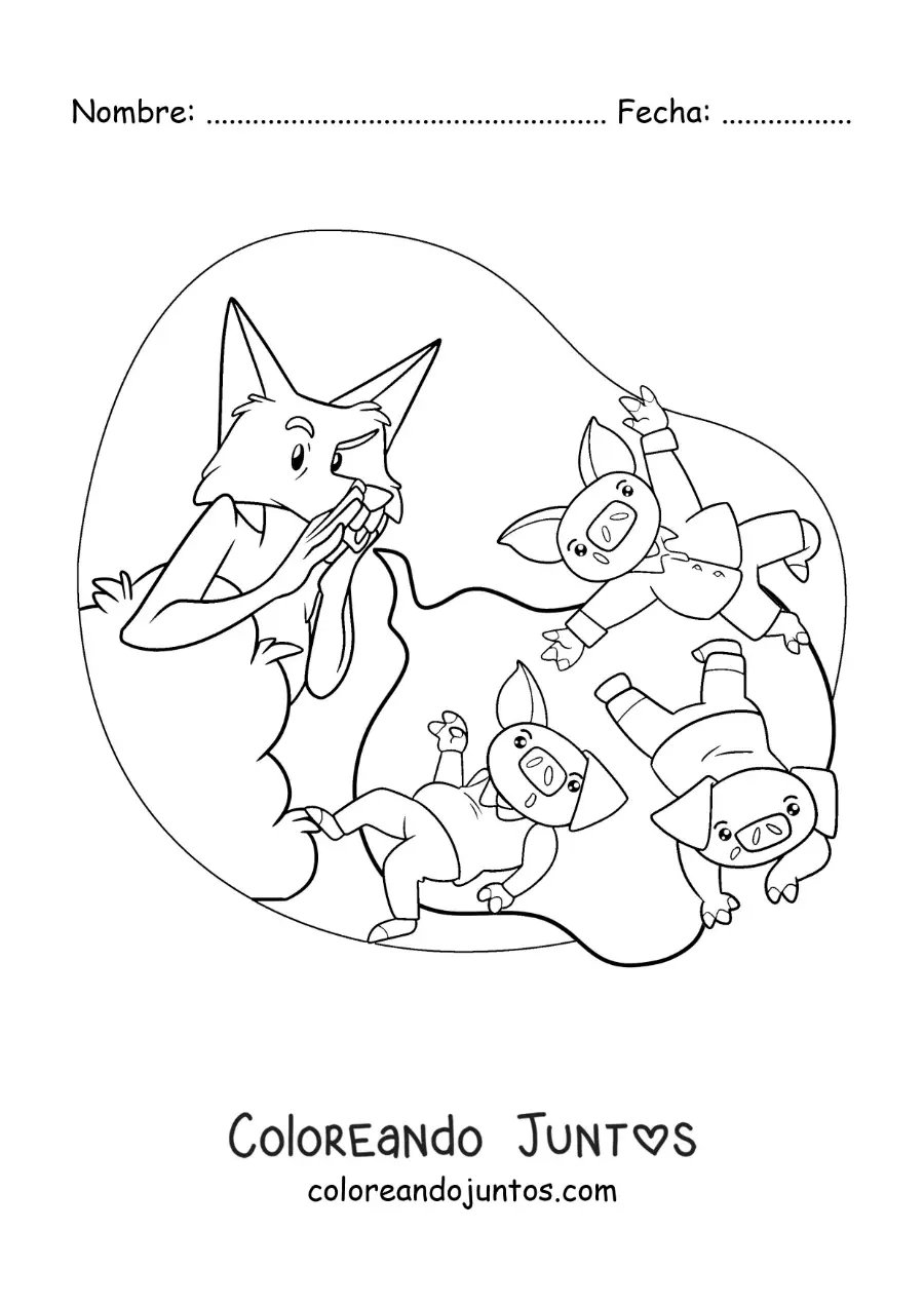 Imagen para colorear de el lobo feroz soplando a los tres cerditos
