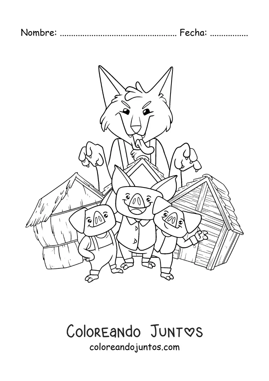 Imagen para colorear de el lobo feroz listo para derribar las casas de los tres cerditos