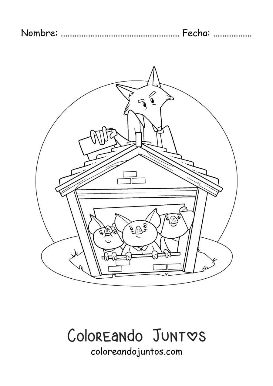 Imagen para colorear de los tres cerditos escondidos del lobo en la casa de ladrillos