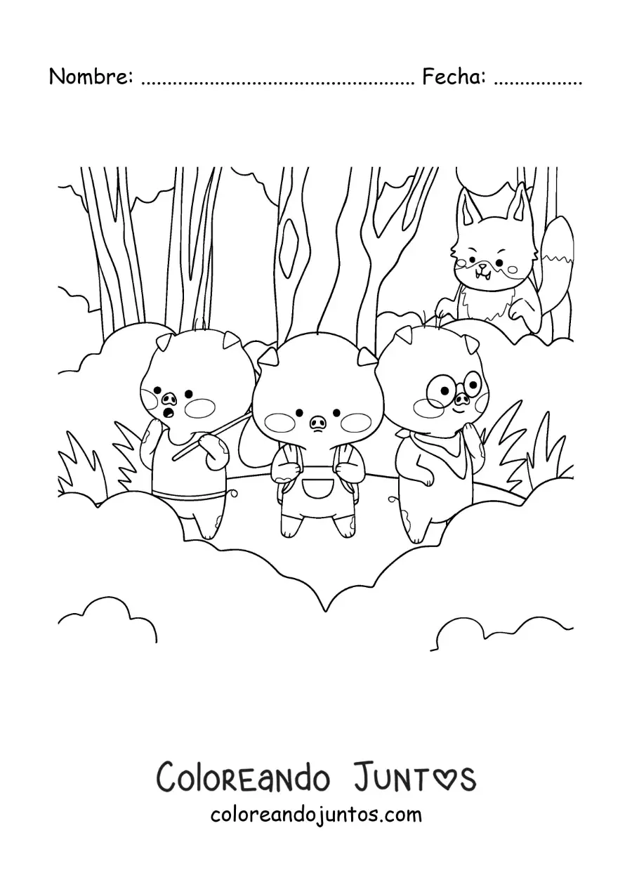 Imagen para colorear de el lobo feroz acechando a los tres cerditos en el bosque