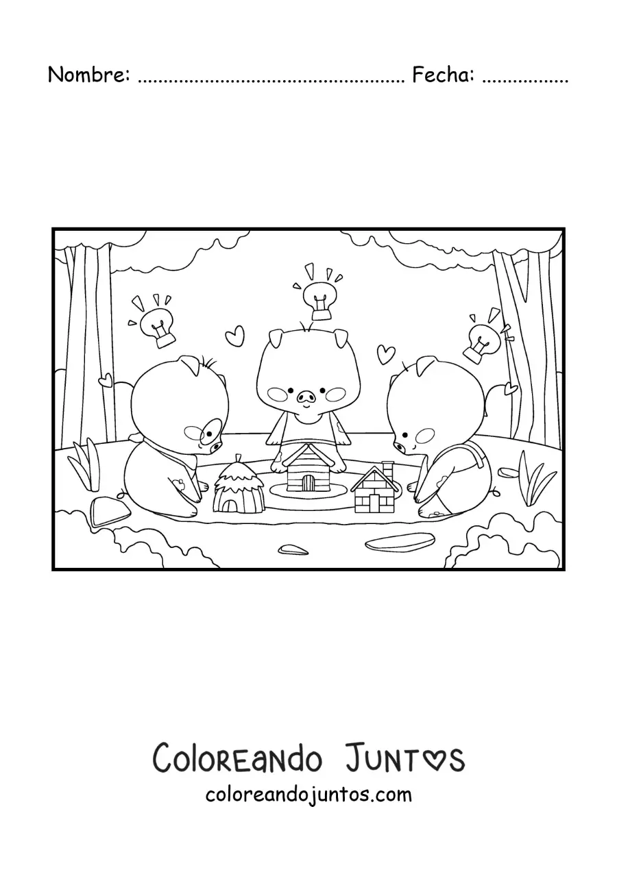 Imagen para colorear de los 3 cochinitos kawaii construyendo sus casas en el bosque