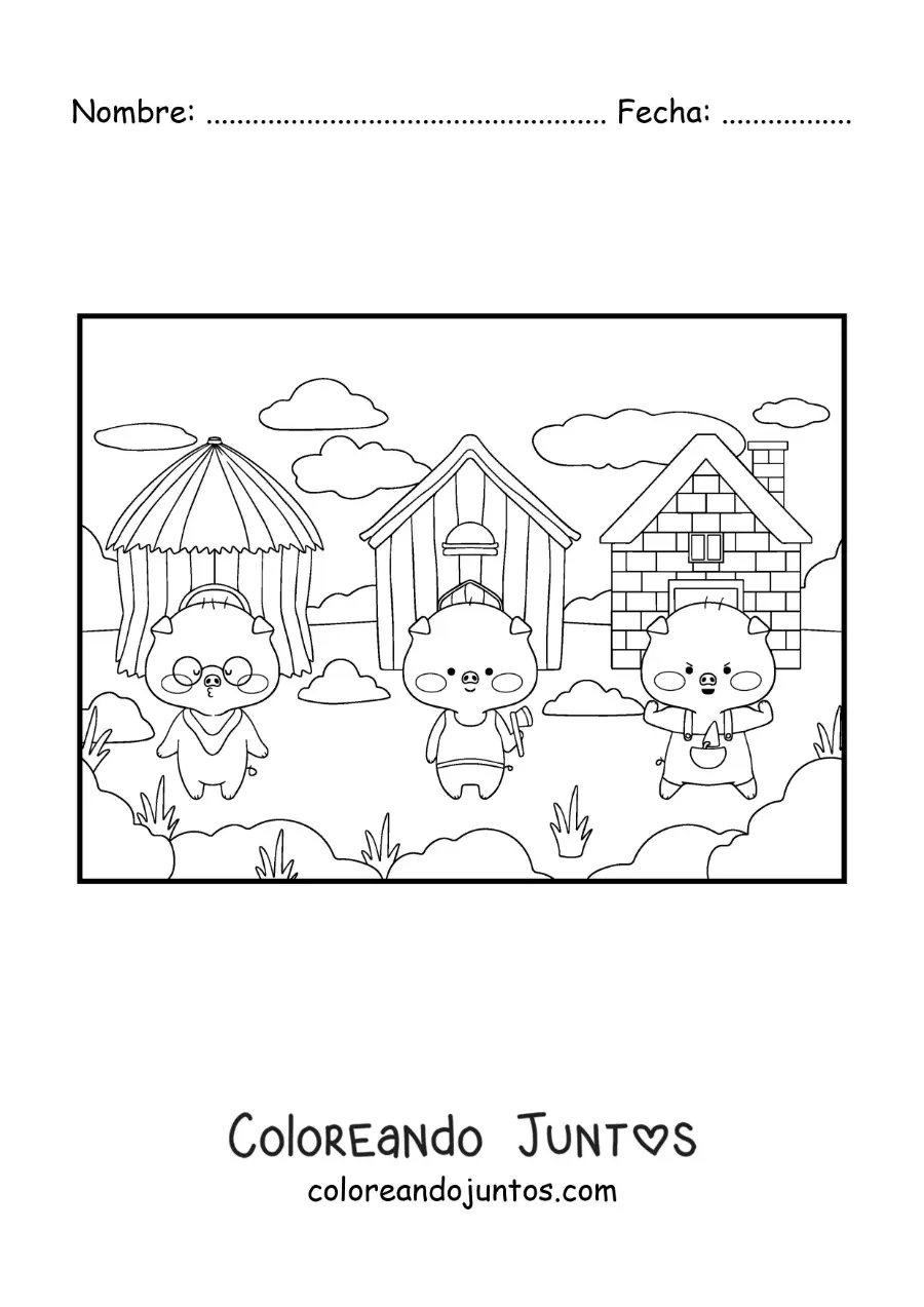 Imagen para colorear de los tres cochinitos animados y sus casas