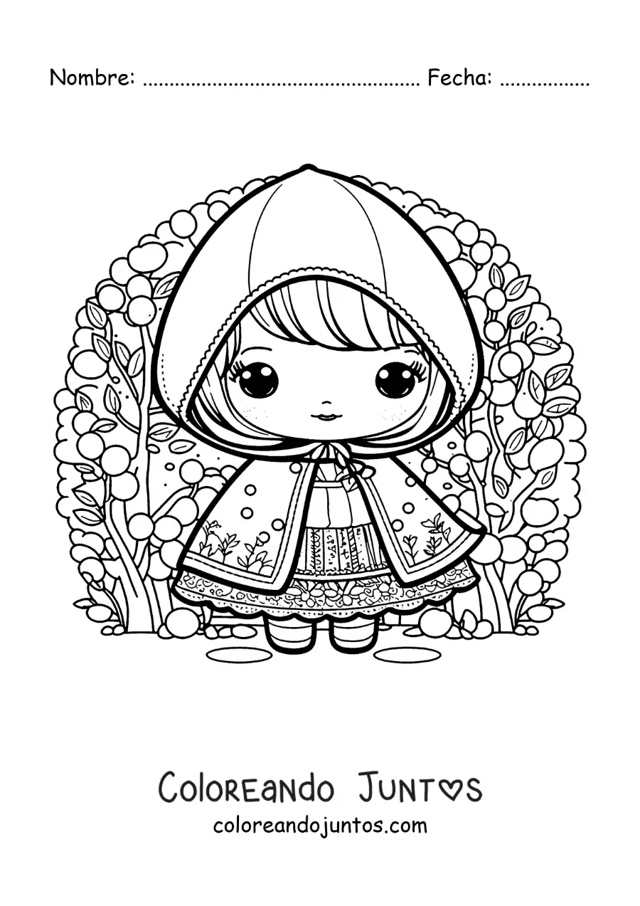 Imagen para colorear de Caperucita Roja kawaii en el bosque