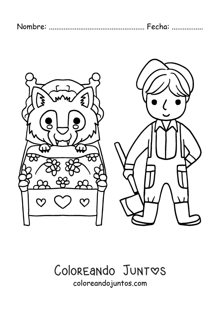 Imagen para colorear de el lobo feroz disfrazado y el leñador