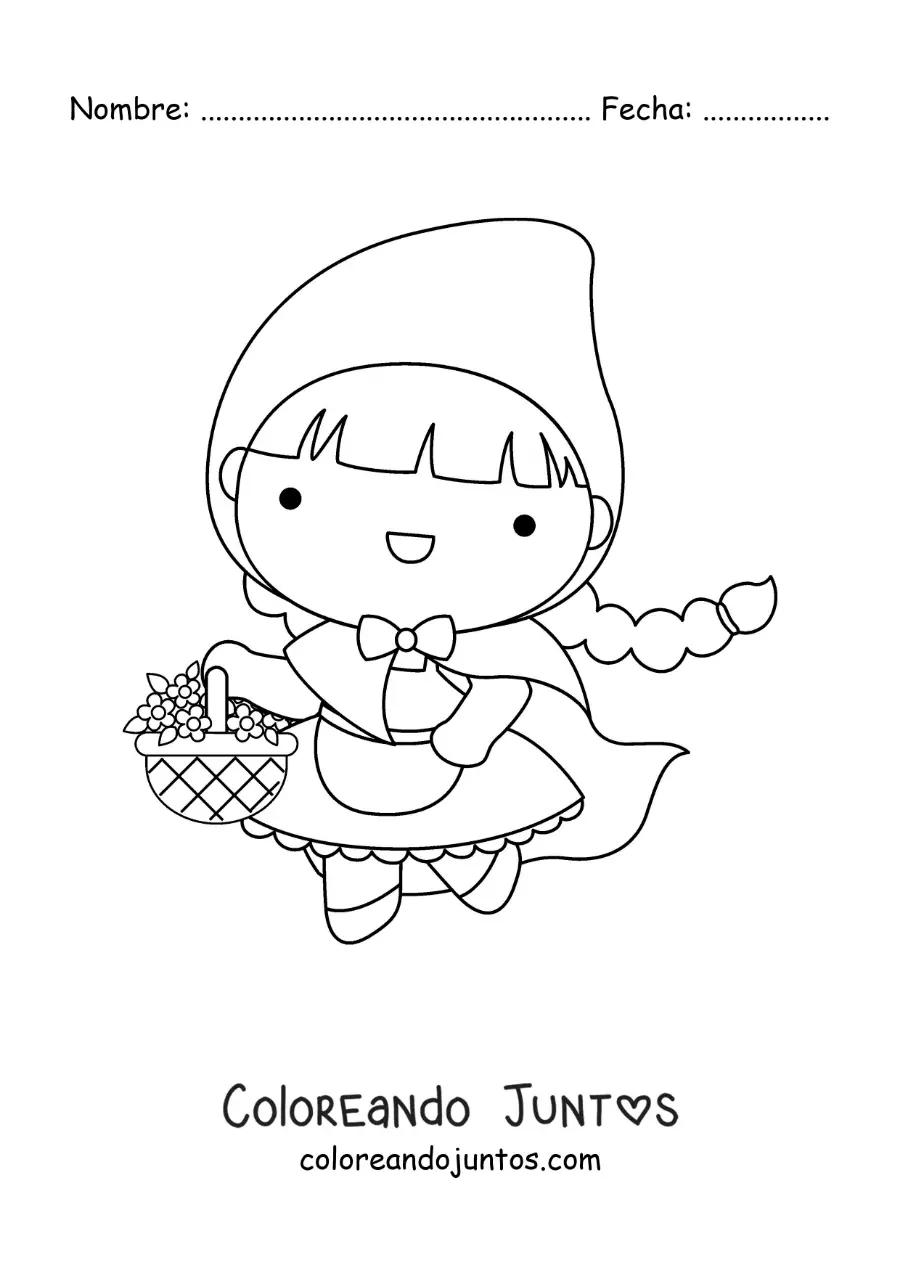 Imagen para colorear de Caperucita Roja con su canasta de flores