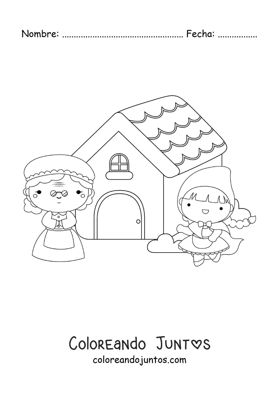 Imagen para colorear de Caperucita Roja animada en la casa de la abuela