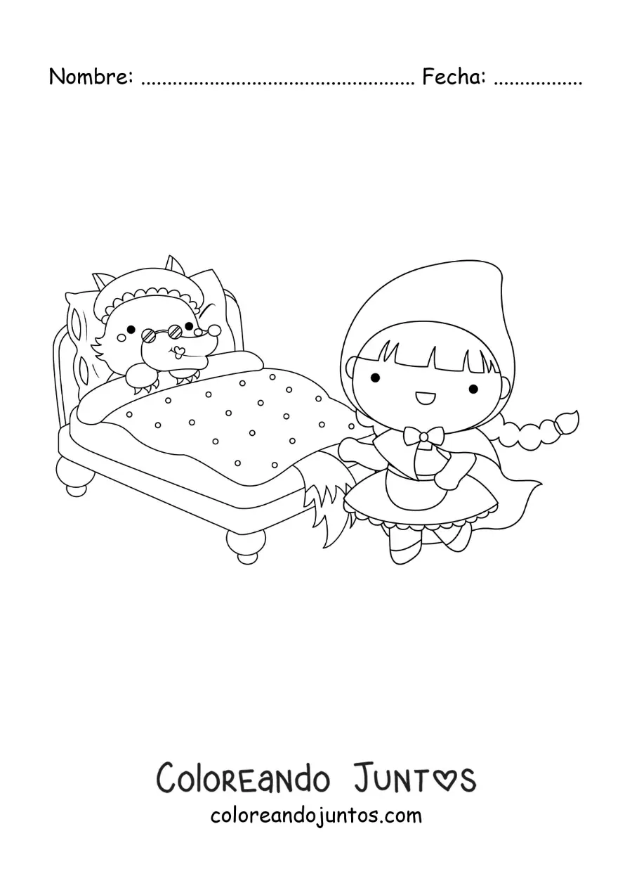 Imagen para colorear de Caperucita Roja y el lobo feroz disfrazado de abuela