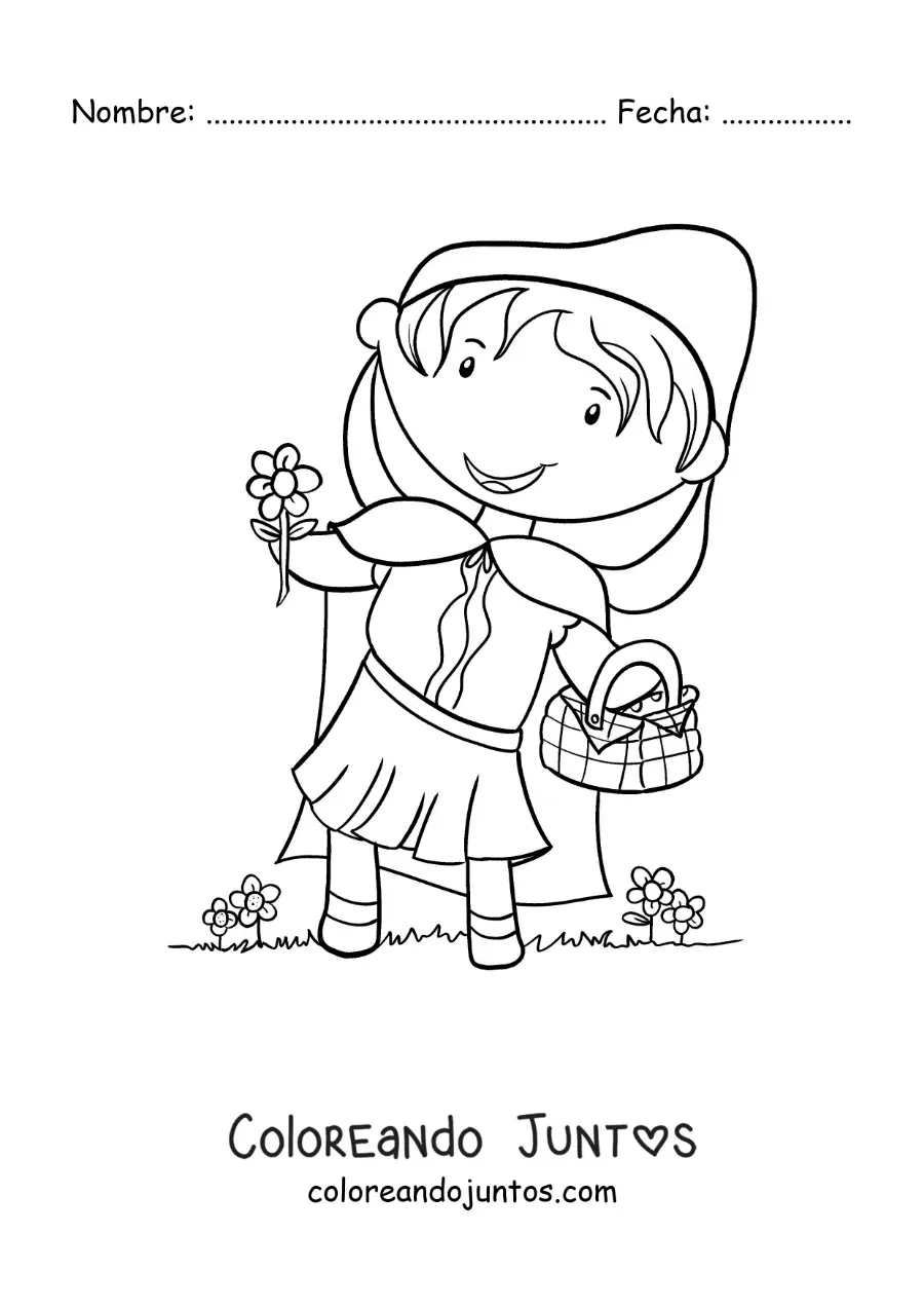 Imagen para colorear de Caperucita Roja recogiendo flores en una canasta